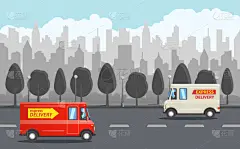 卡通,面包车,背景,城市天际线,灰色,红松,黑色,白色,递送,停车
