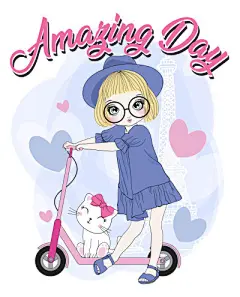 矢量时尚手绘卡通可爱女孩插画形象印刷装饰画少女图案AI设计素材