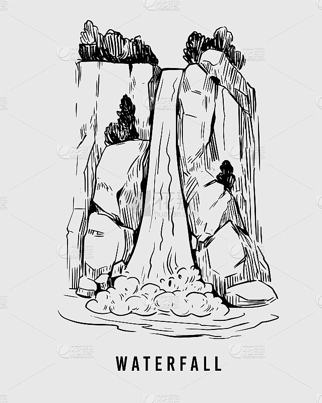 瀑布草图。手绘矢量插图