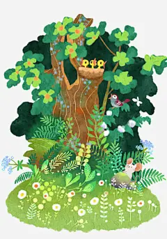 大树高清素材 古树 小花 小鸟 手绘 插画 绿色 草地 免抠png 设计图片 免费下载