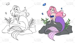 可爱的美人鱼，粉红色的头发和紫色的尾巴坐在石头上。手绘动画插图。孤立在白色的。t恤设计模板，手机游戏