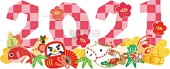 2021,新年卡,镜饼,传统,著名自然景观,贺卡,新年前夕,十二生肖,牛,动物
