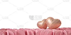 2颗粉红色的心，白色背景上有金色条纹。婚礼主题背景。3 d渲染。