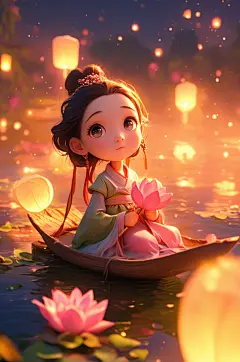 数字艺术中元节七月半放河灯古风人物插画