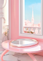 a table with a pink tray, on top of it's pink rim, in the style of dreamy, romanticized cityscapes, tomàs barceló, windows vista, curved mirrors, kawaii charm, iconic imagery, luxurious wall hangings