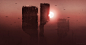 Gas City III Rough Picture  (2d, sci-fi, futuristic, city, mist, fog, sunset)