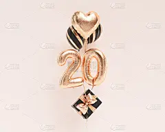 20岁。金色气球数20周年，生日快乐祝贺。3 d渲染。