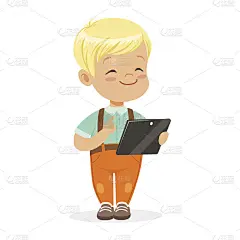 微笑的小男孩用数码平板电脑玩。儿童和现代科技彩色卡通人物矢量插画
