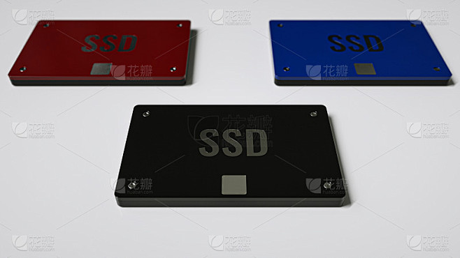 固态硬盘- SSD概念，黑色，蓝色和红色的3 SSD在白色表面