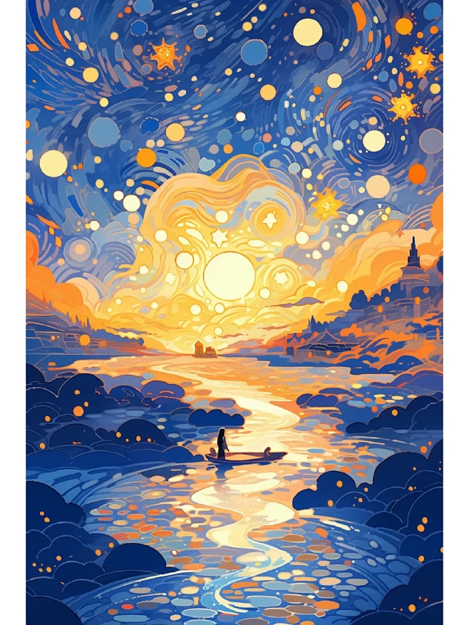 梵高风格插画:星辰大海-花瓣网