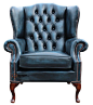 Chesterfield Flat Wing Queen Anne High Back Fireside Chair Antique Blue Leather