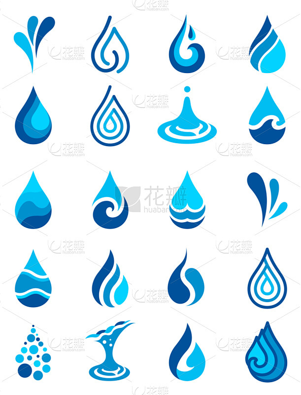 水,图标集,叶子,雨,形状,蓝色,式样,...