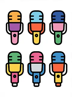 六个不同配色的卡通风格话筒图标，每个话筒具有不同样式设计，保持圆润边角和简洁线条，采用与原图一致的扁平化2D设计风格，明亮鲜艳的色彩搭配，白色背景，六个话筒整齐排列，呈现出和谐统一的视觉效果，每个话筒都有独特的颜色和细节变化，整体构图均衡对称