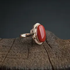 金镶钻阿卡深红珊瑚戒指-红掌柜