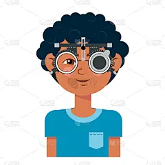 儿童眼科门诊视力检查。验光师检查儿童视力与眼镜医疗设备。眼镜镜片的选择。男孩平面卡通人物插图孤立的白