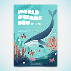 世界海洋日海底世界鲸鱼珊瑚鱼类动物插画宣传海报ai矢量设计素材-淘宝网