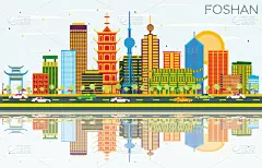 城市天际线,佛山,彩色图片,建筑外部,蓝色,广东省,商务,云,鸟类