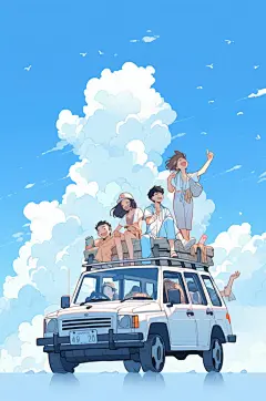 数字艺术学生放假开心过暑假扁平风插画