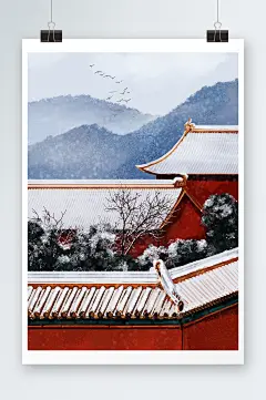 冬季下雪北京故宫手绘插画设计