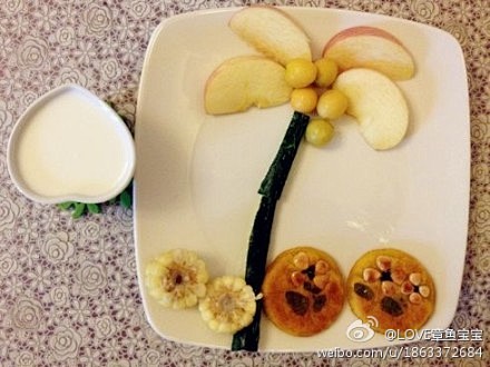 章鱼的早餐。杏仁南瓜饼+玉米+牛奶+水果...
