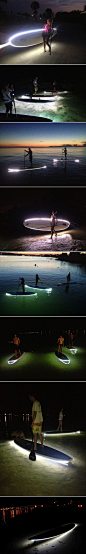 An accessory for paddle boards to make them safer to use at night. By attaching a custom-made, permanent strip of LED lights around the border of a board, surfers are given a source of light to guide them at night and illuminate the ocean floor below them