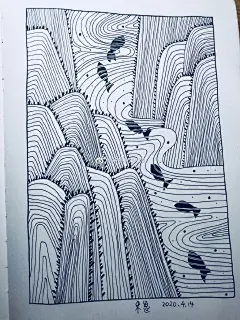 山河鱼 黑白画 手绘 装饰画 缠绕