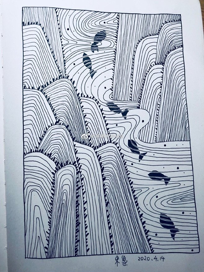 山河鱼 黑白画 手绘 装饰画 缠绕