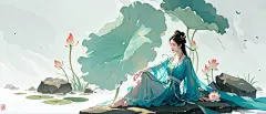 坐在石头上的中国美女, 身着中国古代服饰, 飘逸的蓝色薄纱, 轻丝, 懒惰的姿势, Big 莲花 leaf, 莲花, 水墨画风格, 干净的颜色, 果断砍伐, 白色空间, 模式, 杰作, 极其详细, 史