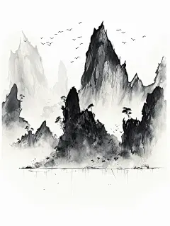 极简主义山水插图，水墨山脉由不同的线条组成黑白