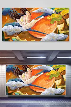 简约彩云丹顶鹤国潮古典仙鹤插画