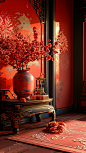 Chinese new year fireworks in the red background, in the style of trompe l'oeil compositions, daz3d, narrative paneling, mirror rooms, nature-inspired art nouveau, interior scenes, minimalist backgrounds