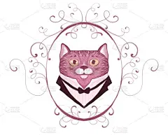 插图的复古复古猫，肖像的绅士，在一个框架在vignettes。19世纪风格手绘，粉色色调。