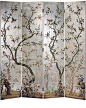 folding screens - decorative silver leaf folding screen with hand painted flowers and blossoming trees: 