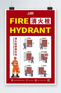 红色黄色消火栓消防科普知识海报