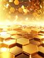 golden honeycombs with abstract background, 3d background, shiny background, floor, in the style of light-filled landscapes, nathan wirth, algeapunk, dusty piles, contest winner, light and shadow interplay, neo-academism