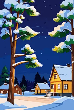 卡通童话冬季夜晚小木屋