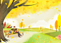 金色树叶 树下长椅 躺在看书父亲腿上的母女 手绘插画 秋季插图插画设计PSD ti237a13107