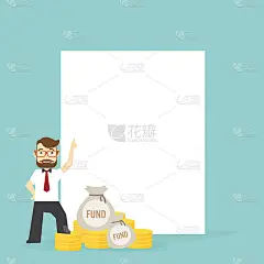 年轻的商人穿着一件充满自信的白衬衫站着拿着钱的金币，手指着大的空白页可以放文字
