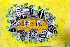线描装饰画➕彩色卡纸剪贴➕水粉刷背景。一幅作品就完成啰孩子们今天一开始画线描画还是很排斥的，后来慢慢就好了，棒棒的啦#儿童画素材# 2安庆·大桥街区 ​​​​