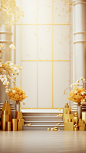 hall with gold flowers and gold boxes, in the style of minimalist backgrounds, contest winner