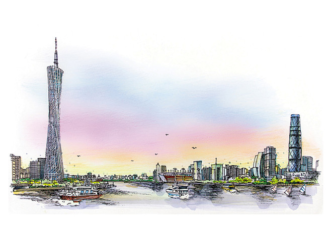 书境文创原创手绘丨美丽中国二十四城广州广州塔非许可商用必究转载请