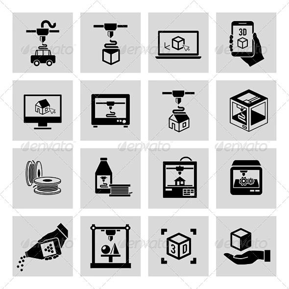 3 d打印机图标设置图标——技术Printer 3D Icons Set - Technology Icons3 d、抽象、艺术、商业、cad ...