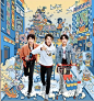2017年口碑App的双十二品牌活动海报，口碑中国请TFBOYS作为代言人，以狂欢为主题，每个成员代表了一个系列的狂欢内容；人物和插画结合得很好。
王俊凯-吃喝;王源-KTV;易烊千玺-商超。