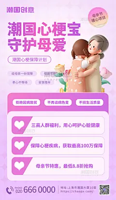 母亲节心梗医疗保险营销3d海报