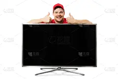 分离着色,男人,巨大的,空白的,翘起大拇指,电视机,白色背景,留白,制服,男性