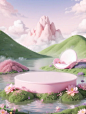 A pink round table in the middle of the water, surrounded by green grass and various flowers, the background is a three-dimensional mountain, pink sky, high definition, 3D, Pixar style, C4D rendering