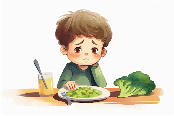 一个小男孩在餐桌上表现出困扰卡通AI插画儿童厌食挑食不爱吃饭饮食