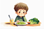一个小男孩在餐桌上表现出困扰卡通AI插画儿童厌食挑食不爱吃饭饮食