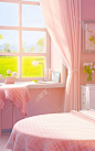 cute bedroom with pink table and chairs, in the style of hyper-realistic water, uhd image, poetic pastoral scenes, pure color, windows xp, glazed surfaces, simple