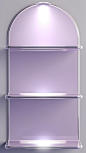 Three shelves in chrome for scientific research, light purple and silver style, scientific research atmosphere, light on top, light background, minimalist, c4d, blend, oc, super fine details, hd 24k